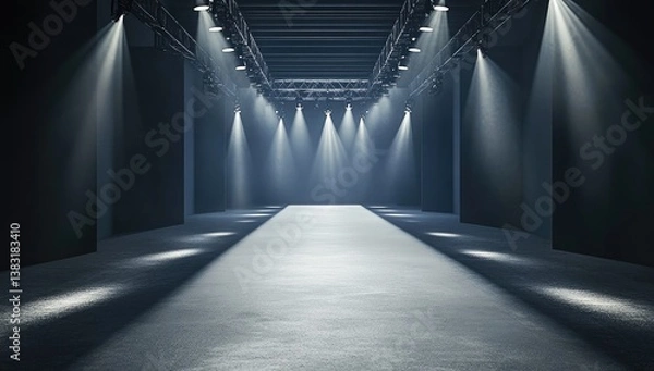 Fototapeta An empty fashion runway with spotlights shining down, creating an atmosphere of luxury and elegance.