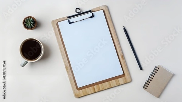 Obraz Wooden Clipboard with Blank Paper & Pen - Minimalist Office Essentials in Clean Top-Down Workspace Photo