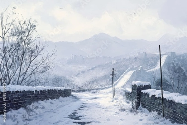 Fototapeta Winter scene of the Great Wall blanketed in snow, serene atmosphere