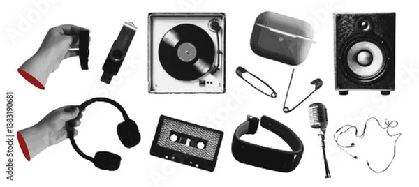 Fototapeta Collage halftone music elements microphone, record player, cassette, speaker, headphones, flash drive, hand. Vector.