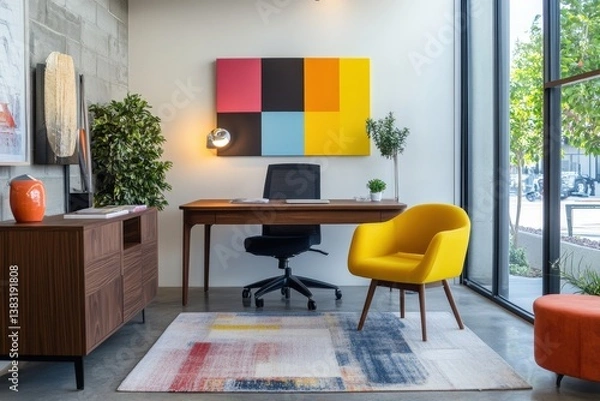 Fototapeta Workspace setup with modern furniture and vibrant accent pieces