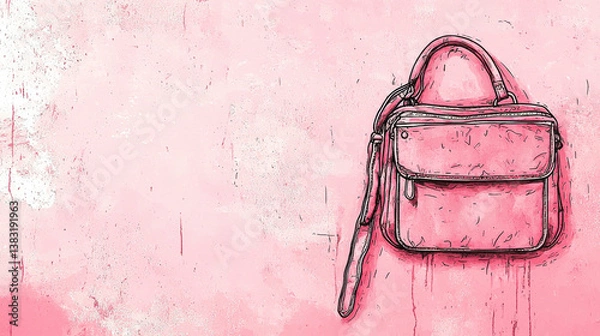 Fototapeta Pink artistic illustration of shoulder bag on textured background, Blank background illustration with copy space for text or branding, Negative space for content placement.