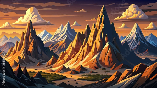 Obraz Mountain peaks and rocky terrain with low clouds, epic adventure vector scene