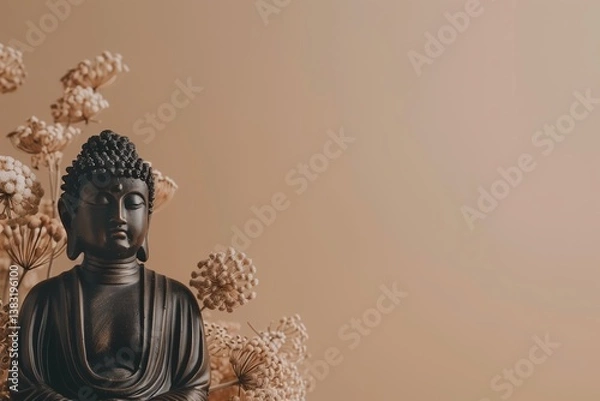 Obraz Buddha statue on a beige background with a flowers. A photo with an empty space for text. Generative AI.