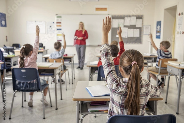 Fototapeta A bright classroom scene with students raising their hands enthusiastically The classroom has white walls and fluorescent lighting Students are seated at light
