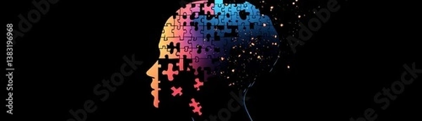 Fototapeta Profile of human head with brain puzzle, cognitive psychology, psychotherapy, personality disorder, mental health concept, generative AI vector design, ultradetailed 8K resolution