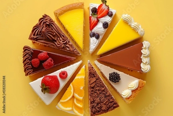 Fototapeta Top View of Assorted Cake Slices on Yellow Background.