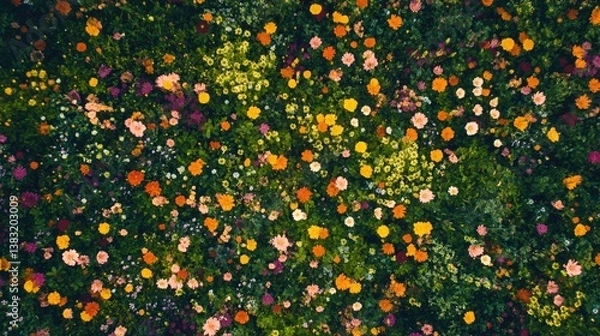 Fototapeta Vibrant Aerial View of a Colorful Flower Field Filled with Various Blooms in Natural Light