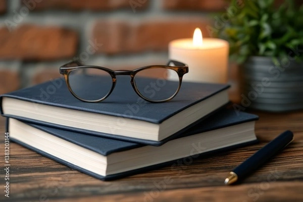 Fototapeta Glasses on Stack of Books Next to Candle and Green Plant in Cozy Atmosphere