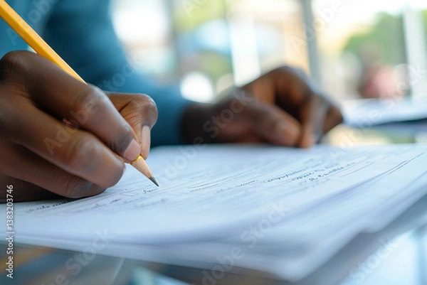 Fototapeta Generative AI closeup image of person filling exam test sheet with pencil during academic evaluation or assessment