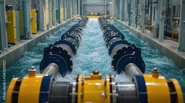 Obraz Hydro turbines are tested in a controlled water flow environment within an industrial facility, demonstrating their performance and efficiency in managing water energy.