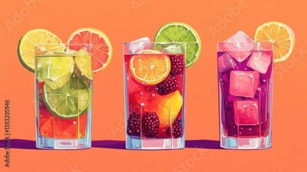 Fototapeta Fresh fruit drinks in vibrant glasses showcasing citrus, berry, and exotic tropical flavors with ice cubes floating inside. 