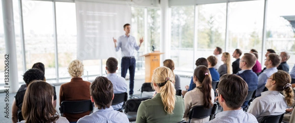Fototapeta A bright modern conference room with floor to ceiling windows along the back wall A speaker stands at the front of the room