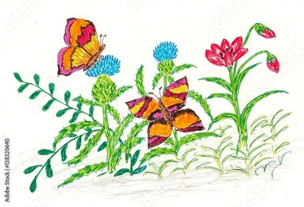 Obraz Hand drawn multicolor illustration with nature theme (butterflies in nature) - scan