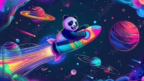 Fototapeta Panda riding a rocket in space with colourful illustration 