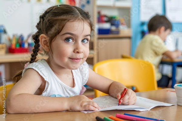 Fototapeta A close-up photograph of a young caucasian girl in a classroom setting, sitting at a wooden desk with colorful markers
