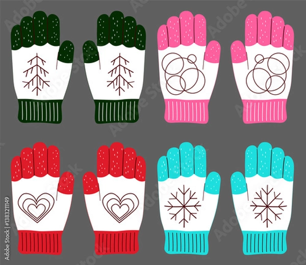 Obraz Vector illustration set of colorful winter mittens with snowflake tree heart symbols, simple flat holiday design in blue green red pink colors, perfect for seasonal decoration card textile or packagin