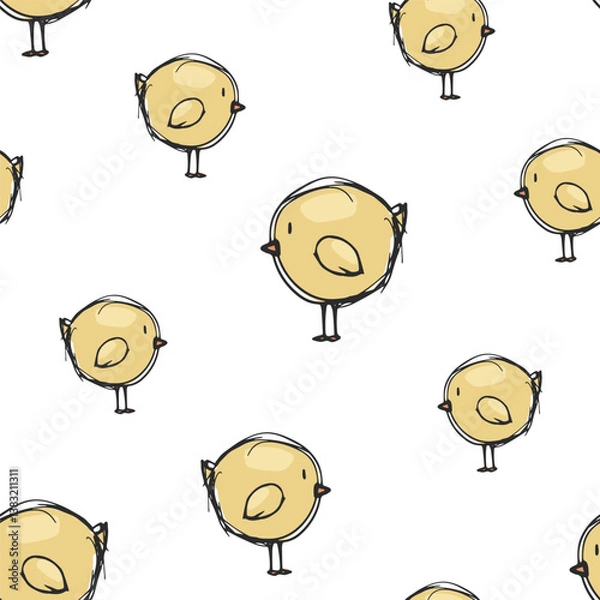 Obraz Vector seamless pattern of many cute little chicken icons. Hand drawn chick sign. Poultry. Cartoon baby bird print. Simple pencil sketch. Funny art for cloth design, children's room interior wallpaper