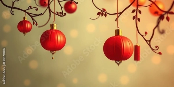 Fototapeta Festive Red Lanterns Hanging on Branches Chinese New Year