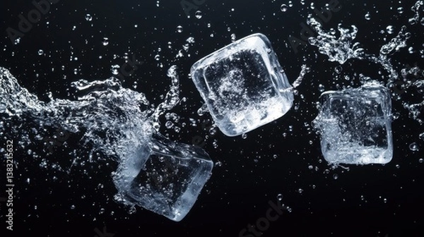 Obraz Ice cubes are falling into water, creating a splash and releasing bubbles against a dark background.