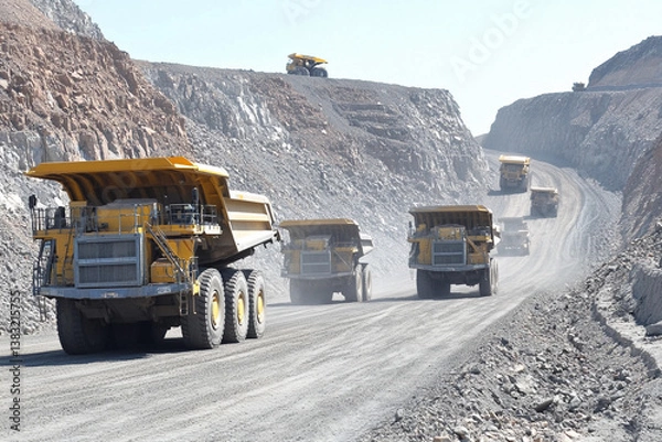 Fototapeta Large mining operation features heavy equipment transporting materials on rugged terrain