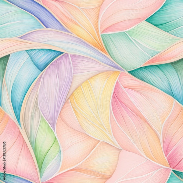 Fototapeta Pastel floral shapes intertwine to form a delicate, layered texture. Swirling lines create a seamless pattern of interconnected petals in pink, blue, green, and yellow. One tile