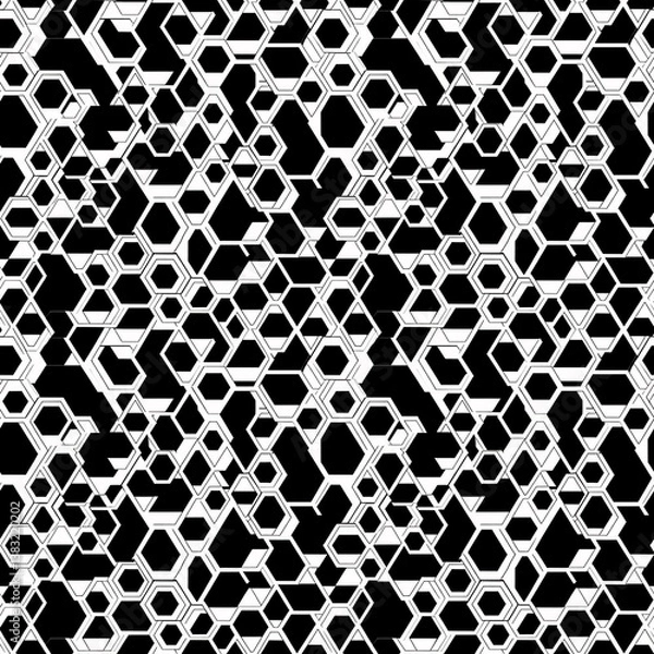 Fototapeta Black hexagons arranged in a repeating pattern on a white background. The hexagons are of varying sizes and are overlaid on top of each other. Seamless pattern, four tiles