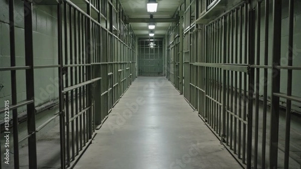 Fototapeta A long hallway inside a prison cell with gray walls and metal bars