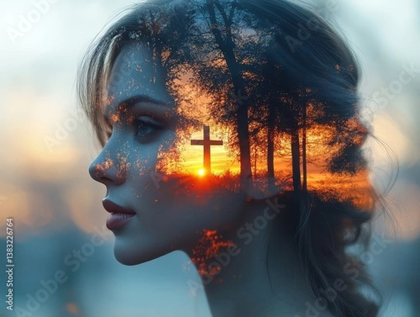 Obraz Double exposure face and body of an attractive woman in profile, with a hill with one cross.the cross illuminates the sunset 