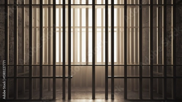 Fototapeta A close-up view of prison cell bars in front of a window, representing confinement and hope