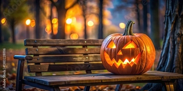 Fototapeta A scary spooky glowing carved halloween pumpkin lantern, Jack O' Lanterns, on the left of a wooden product display bench on a scary halloween night. 