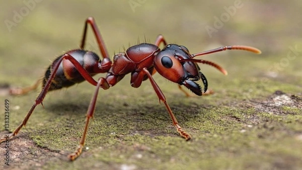 Fototapeta A detailed view of an ant standing on a rocky surface, highlighting its tiny features