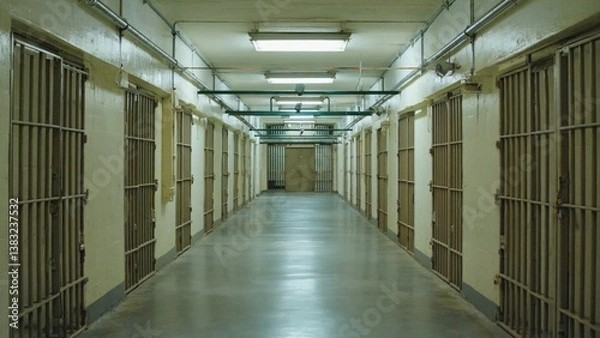 Fototapeta Long corridor with jail cells and guards