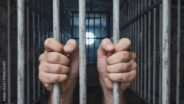 Fototapeta Hands of a prisoner trapped behind metal bars in a jail cell
