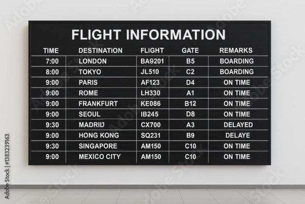 Fototapeta a large flight information board mounted on a white wall, featuring multiple columns displaying real-time departure times, destinations, gate numbers, and flight statuses