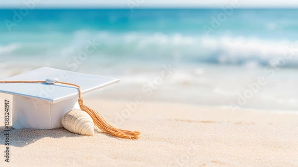 Fototapeta Graduation cap on sandy beach with ocean waves in background, celebrating achievement and summer vibes, graduation celebration concept
