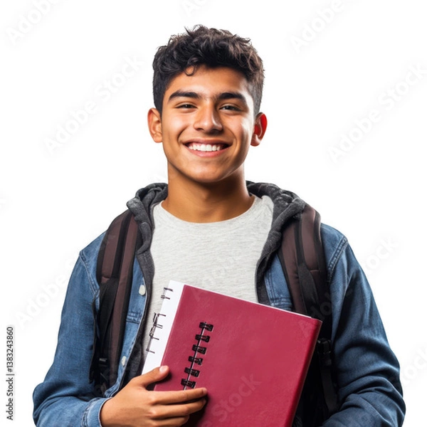 Fototapeta Young Hispanic student with notebook happy smile isolated on transparent background