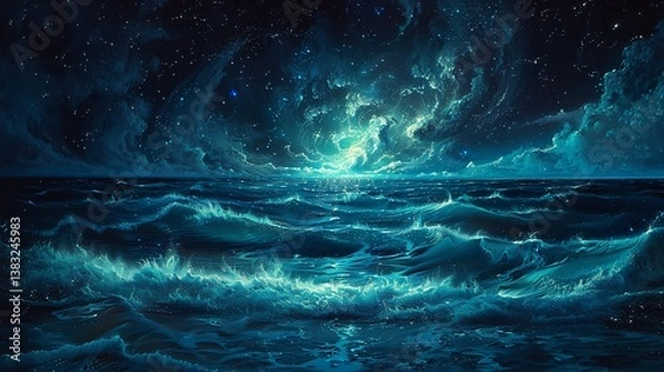 Obraz Enigmatic Ocean Waves Illuminated by Cosmic Light Under Mysterious Clouds
