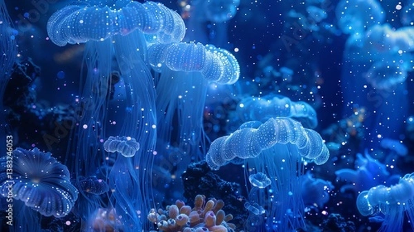Obraz Glowing Jellyfish Dancing Gracefully in a Deep Blue Ocean Environment