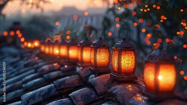 Obraz Captivating Sunset with Lanterns on a Rooftop Surrounded by Autumn Leaves