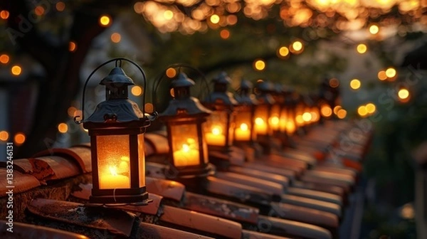 Obraz Captivating Sunset with Lanterns on a Rooftop Surrounded by Autumn Leaves