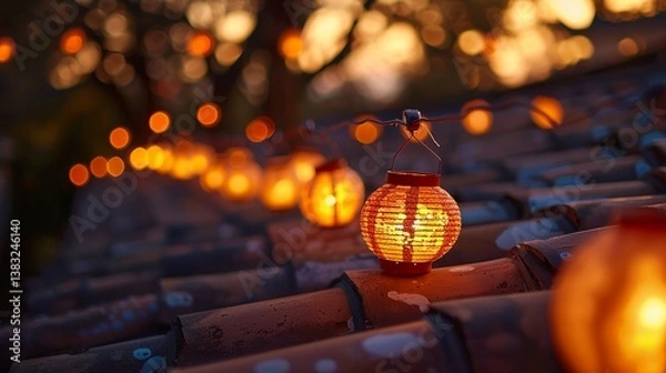 Obraz Captivating Sunset with Lanterns on a Rooftop Surrounded by Autumn Leaves