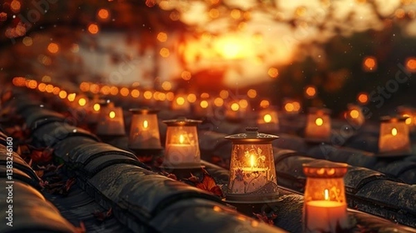 Obraz Captivating Sunset with Lanterns on a Rooftop Surrounded by Autumn Leaves