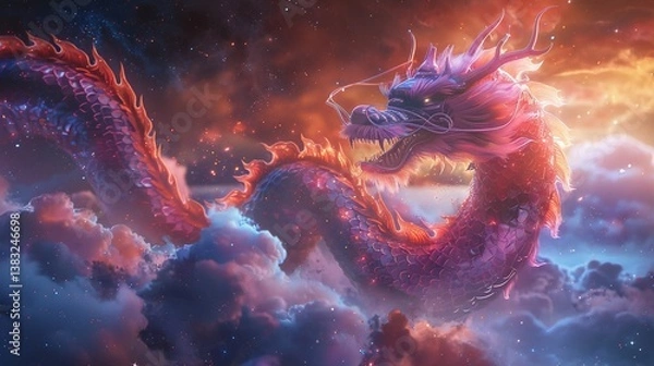 Obraz Majestic Dragon Soaring Through Colorful Clouds with Fiery Energy in the Sky