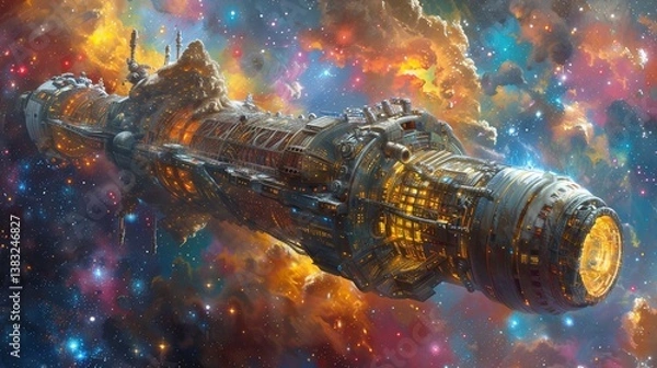 Obraz Futuristic Spaceship Traveling Through a Colorful Cosmic Nebula Full of Stars