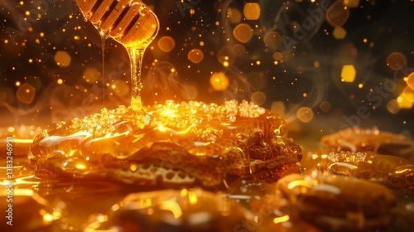 Obraz Golden Honey Drizzling Over Fluffy Pancakes Creating a Deliciously Tempting Scene