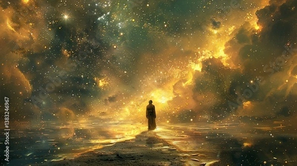 Obraz Solitary Man Walking Through a Cosmic Landscape Filled with Fiery Stars and Clouds