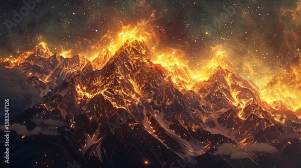 Obraz Majestic Fiery Mountains Against a Cosmic Backdrop of Stars and Light