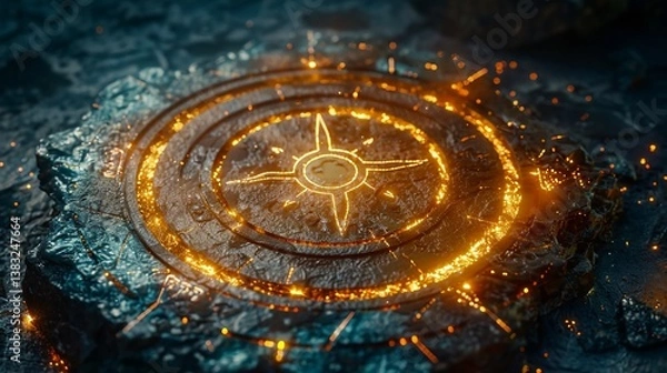 Obraz Illuminated Symbol Engulfed in Flames on a Dark Stone Surface