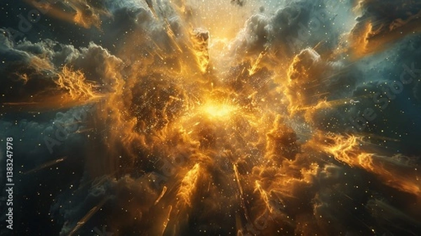 Obraz Explosive Cosmic Energy Emanating from a Central Point Surrounded by Dramatic Clouds